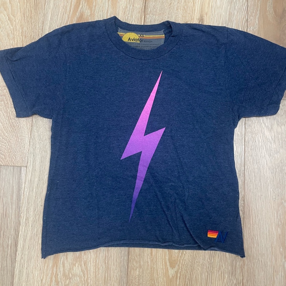 Aviator Nation Women's Navy Blue T-Shirt with Ombre Purple Lightning Bolt XS